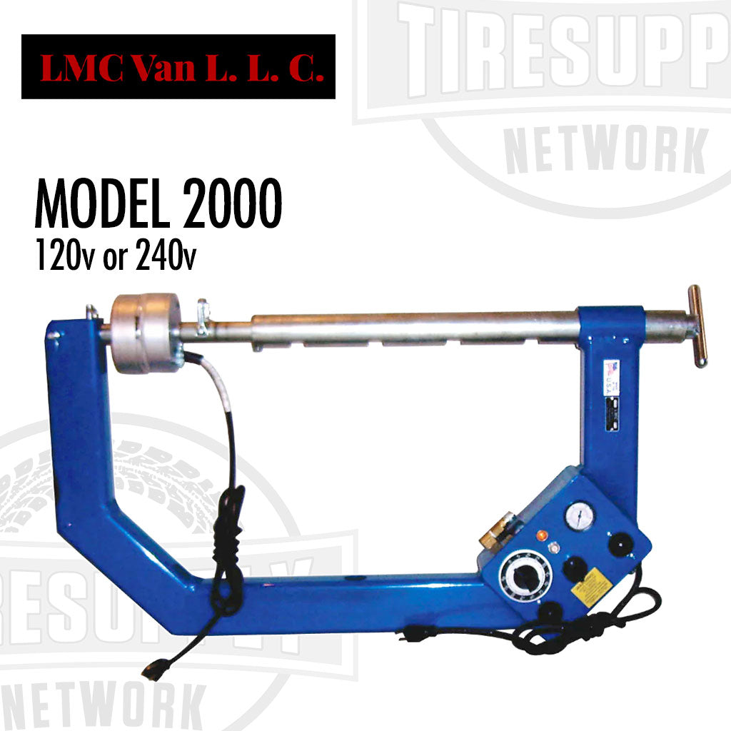A blue Lincoln LMC Model 2000 Air-Operated Truck Tire Vulcanizer Spotter, with a visible brand logo and model number.