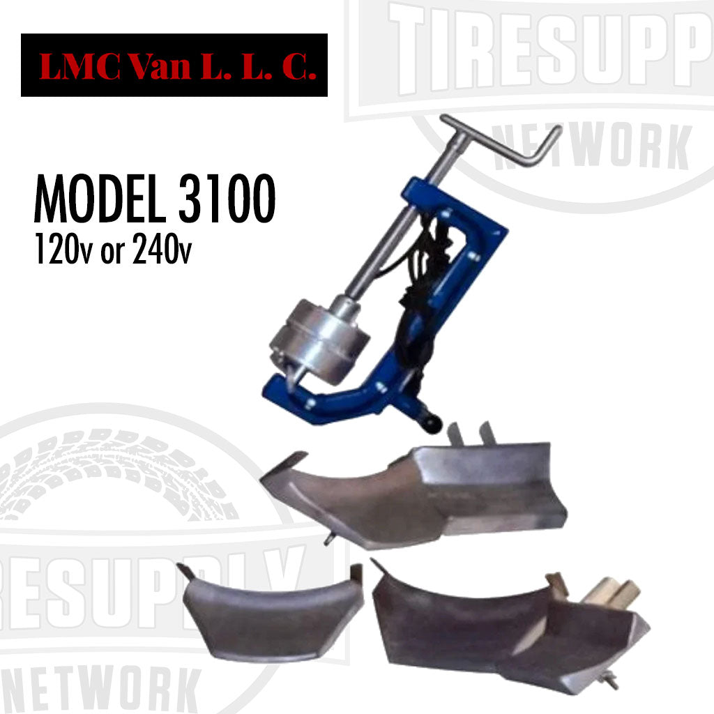 Lincoln LMC Model 3100 Truck Tire Bead Vulcanizer Spotter with plates for repairing tires, displayed with a choice of 120V or 240V power options.