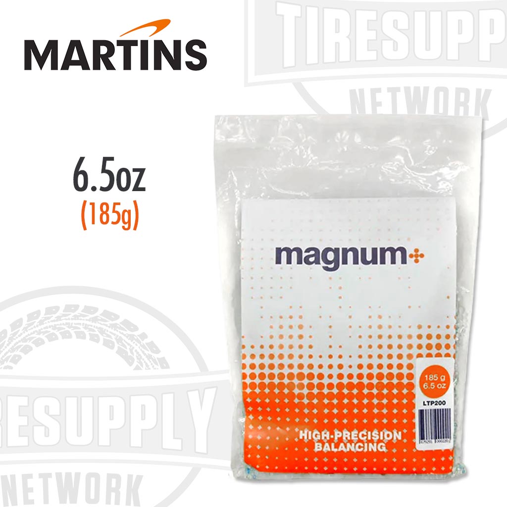 A bag of Martins Industries Magnum+ tire balancing beads in a clear packaging with orange labeling, indicating the bead weight of 6.5 oz. LTP200