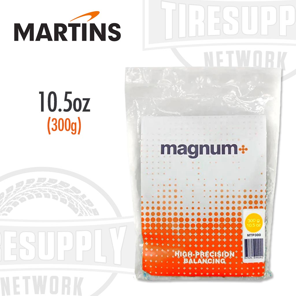 A pack of Magnum+ tire balancing beads by Martins Industries, showing a single bag with orange and white branding, indicating 10.5 oz weight. MTP300