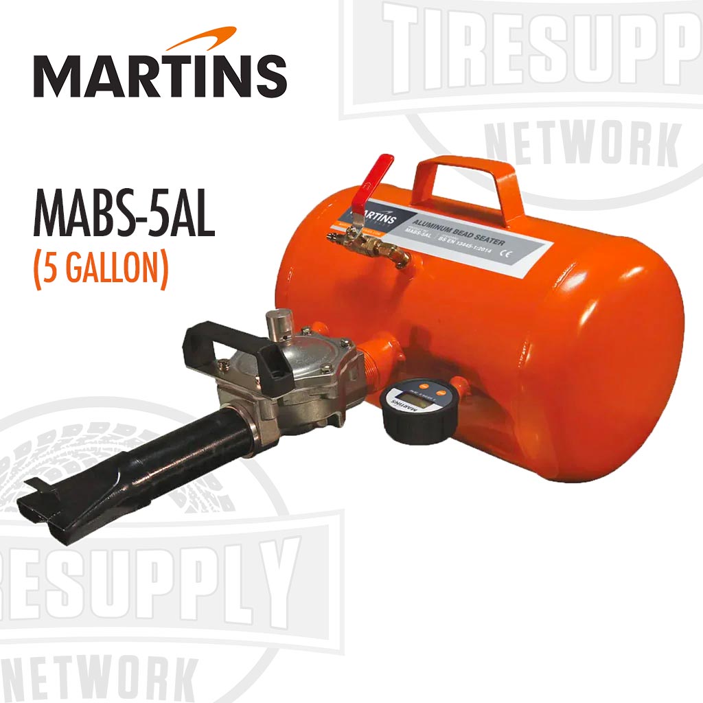 An orange 5 gallon ultra-light aluminum tank with an attached black automatic release discharge valve, digital pressure gauge, and threaded barrel. The product is labeled with the Martins Industries brand and model number MABS-5AL.