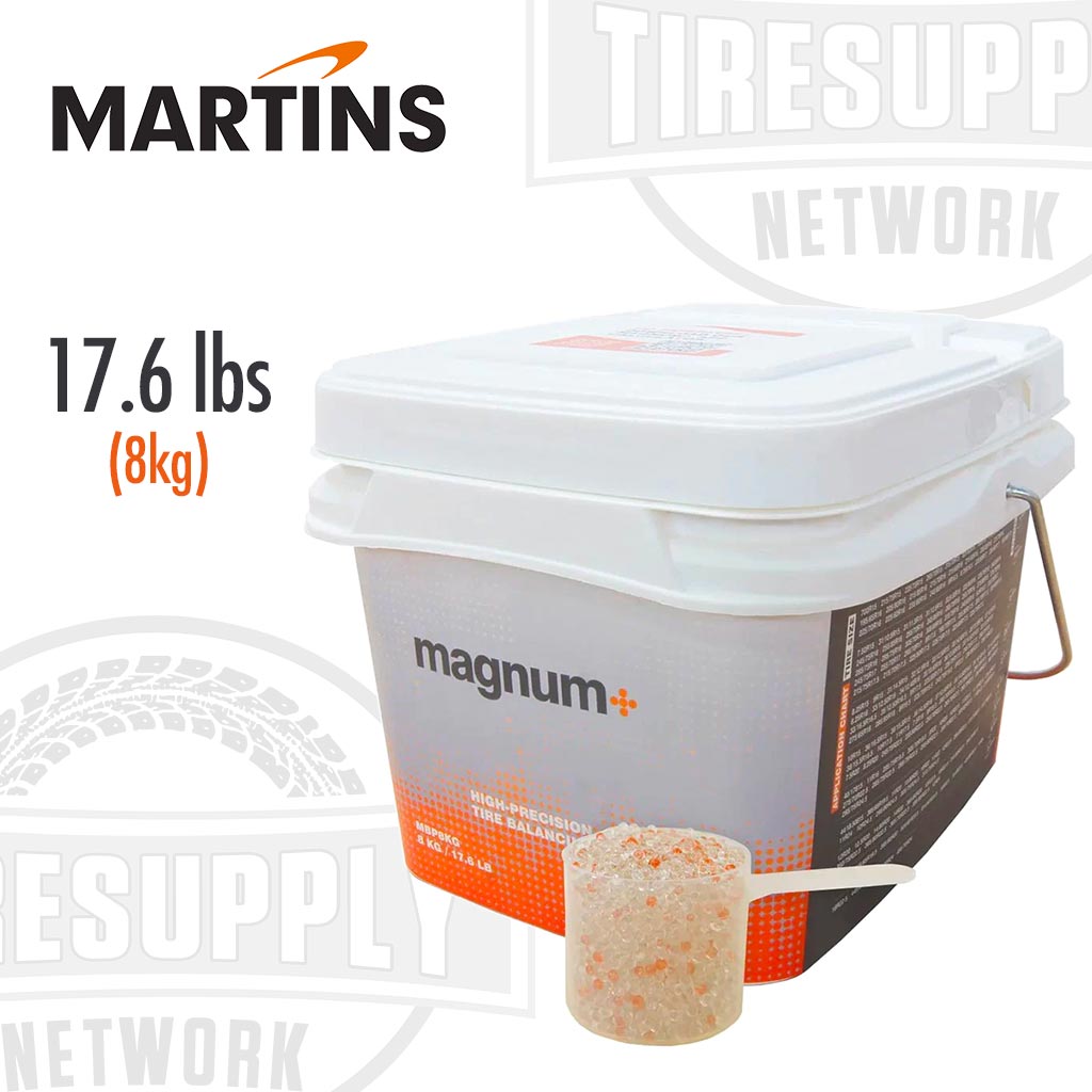 A white plastic bucket with orange and black branding labeled 'Martins' and '17.6 lbs (8kg) magnum+', with a magnified bead shown in front. MBP8KG