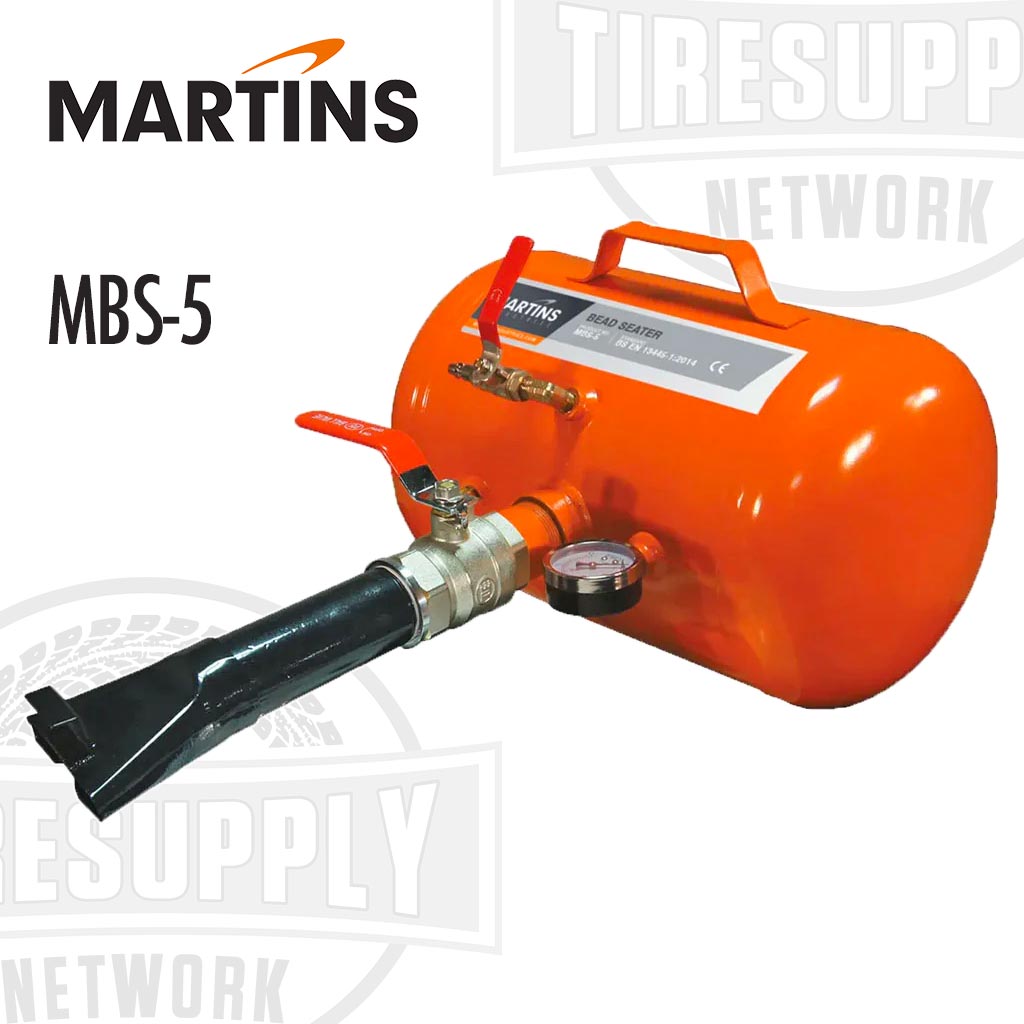 An orange 5 gallon steel tank bead seater with black discharge valve and analog pressure gauge, on a white background. MBS-5