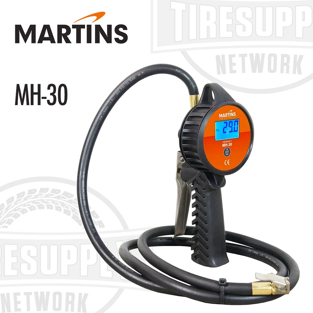 Martins MH-30 handheld digital tire inflator with a black body, orange details, and an attached air hose.