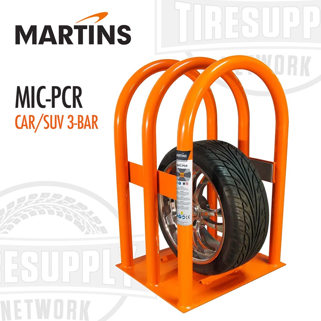 An orange Martins Industries 3-bar tire inflation cage designed for passenger car and SUV tires, shown with a tire partially inserted. MIC-PCR