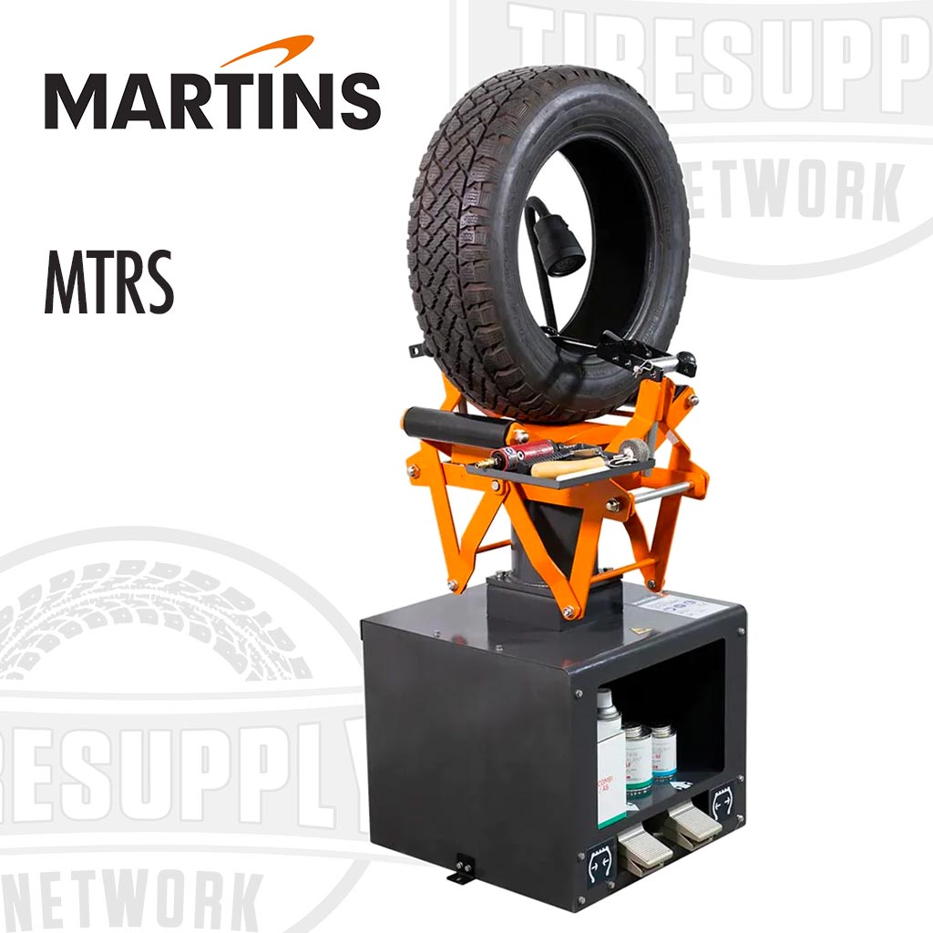 Martins Industries pneumatic tire spreader with orange and gray color scheme, featuring a tool tray, pedals and a storage compartment. MTRS
