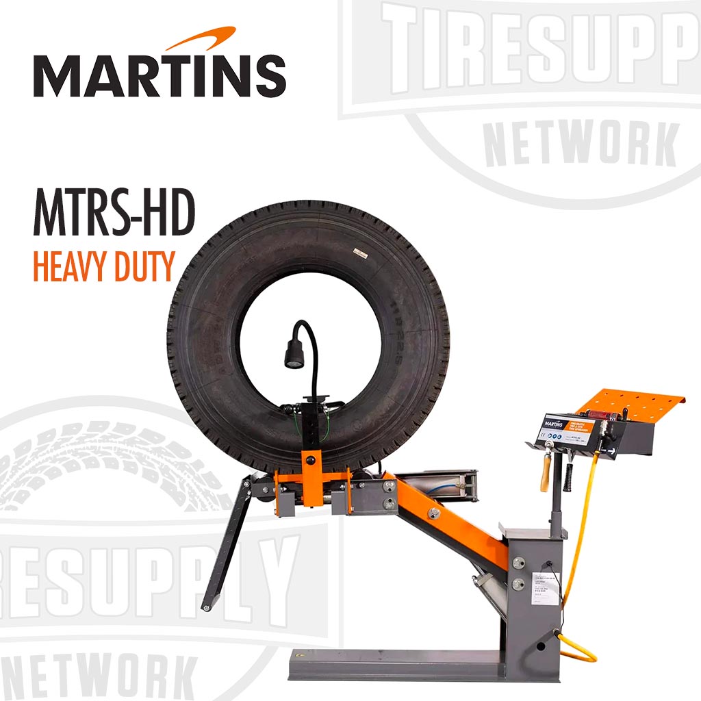 Martins Industries pneumatic tire spreader, with orange and gray color scheme, designed for commercial truck TBR & OTR tires, featuring a large tool tray, control joysticks, and a mounted lamp. MTRS-HD