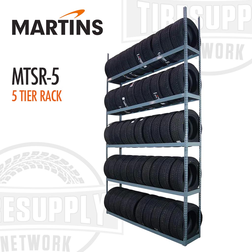 Martins 5-tier metal tire storage rack with passenger and light truck tires placed on the rack, branded with Martins Industries logo. MTSR-5
