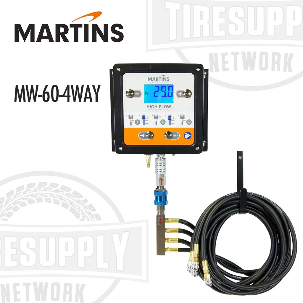 Wall-mounted Martins 4WAY Flatematic automatic tire inflator with four hoses, digital display, and black and orange color scheme. MW-60-4WAY