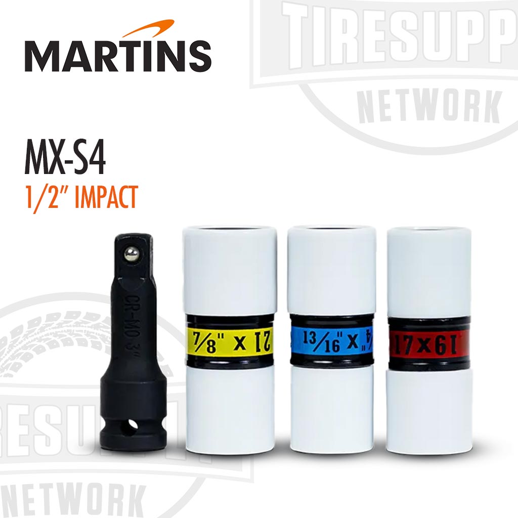 A set of three white steel sockets with different sizes, each marked with a different color band, and an impact wrench extension. The product is packaged in a clear plastic case with a label showing the product name and size. MX-S4