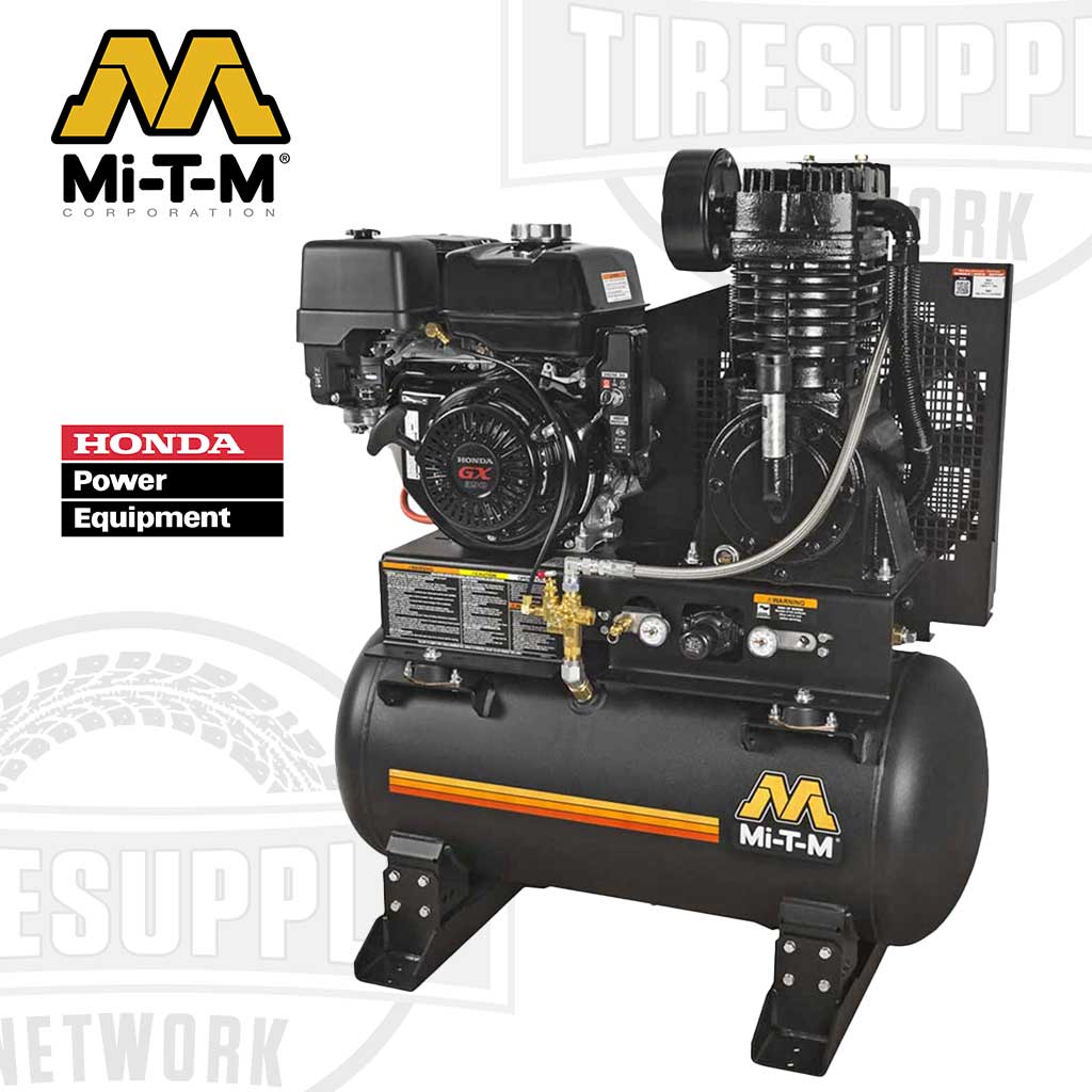 Mi-T-M two stage gas-driven 30-gallon tank-mounted air compressor with Honda power equipment logo.