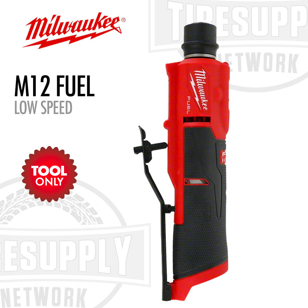 Milwaukee M12 FUEL Low Speed Tire Buffer tool in red and black color, designed for tire repair.