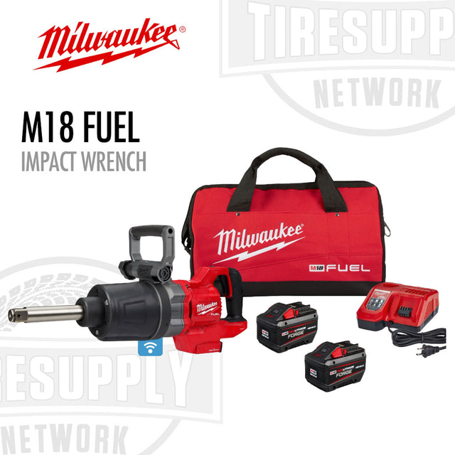 Milwaukee M18 FUEL High Torque Impact Wrench Kit with a red carrying case, a black impact wrench, two batteries, and a charger.