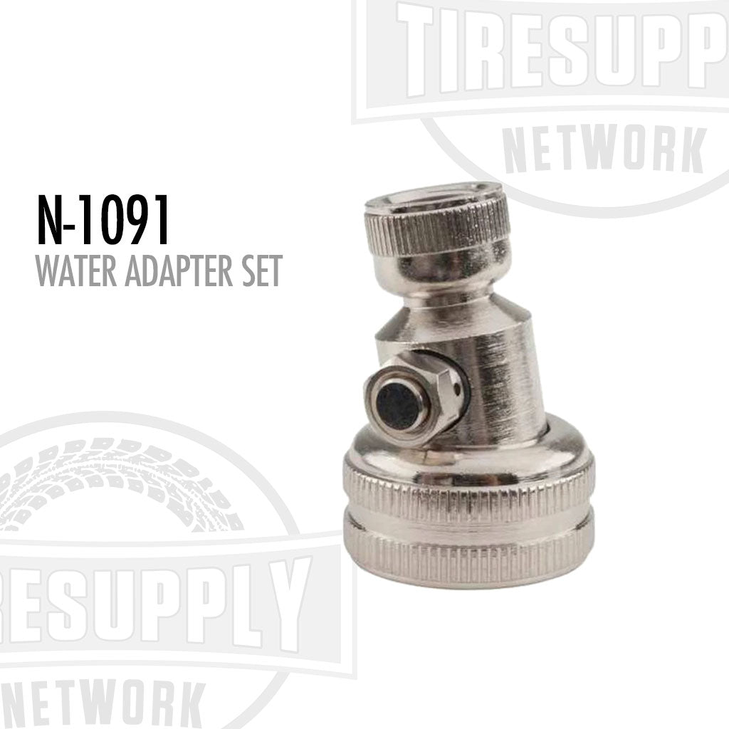 A silver-colored metal water adapter set designed for liquid fill tires, with three valve stems and hardware. N-1091
