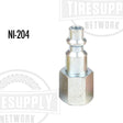 A 1/4 inch industrial female plug with a silver finish, designed for air hoses and reels accessories. NI-204