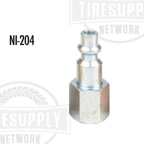A 1/4 inch industrial female plug with a silver finish, designed for air hoses and reels accessories. NI-204