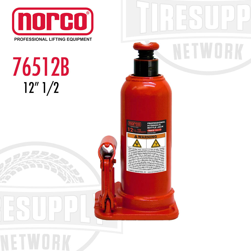 A red Norco 12 1/2 ton short bottle jack with a two-piece zinc plated handle, labeled model number 76512B.