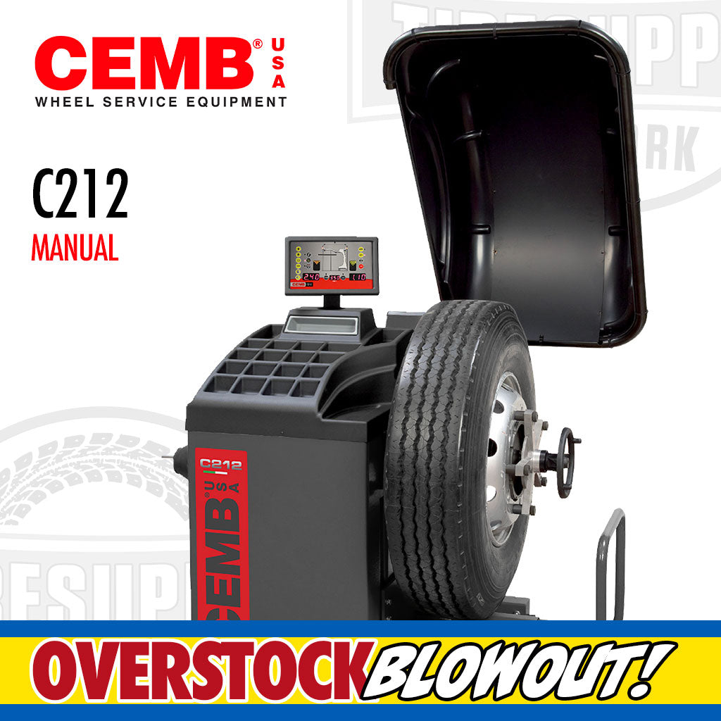 A CEMB heavy duty digital truck and bus wheel balancer, model C212, with a black wheel guard, red and gray body, and a mounted tire on the balancer platform. The image is labeled with 'CEMB Wheel Service Equipment', 'C212 Manual', and 'OVERSTOCK BLOWOUT' text.