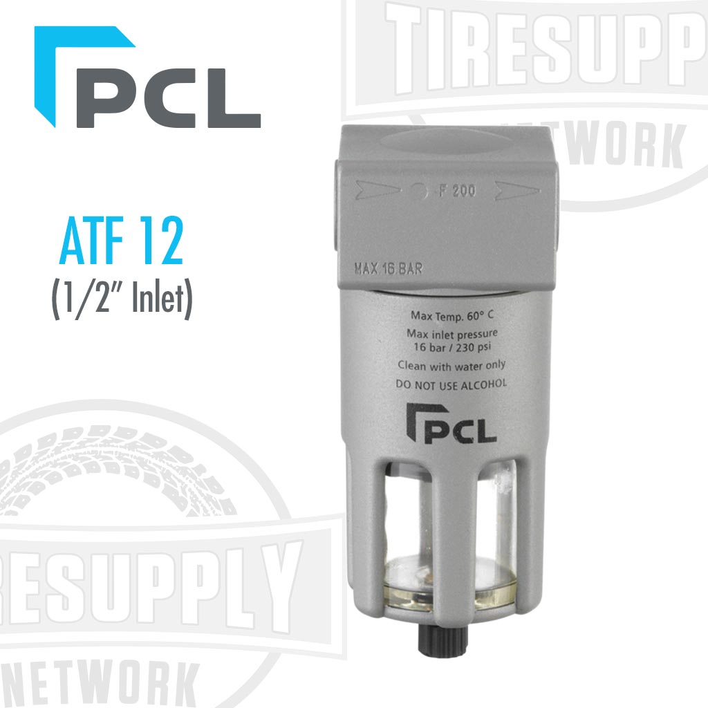 PCL Filter-Regulator Filter 1/2" NPT (ATF12) mounted on a white background, showing the inlet, outlet, and the body of the unit which includes a pressure gauge.