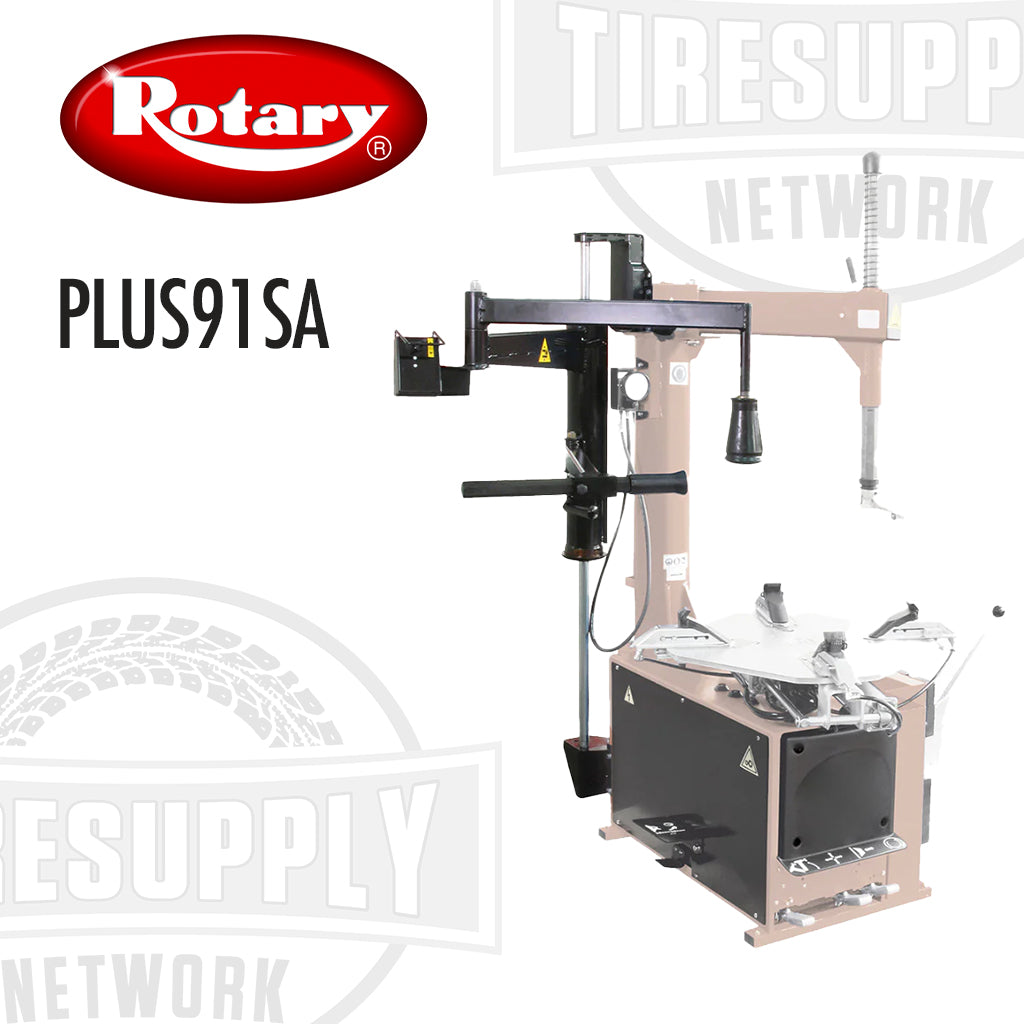 Rotary tire changer machine with the PLUS91SA upgrade option, featuring a following arm and lower bead roller, primarily in brown and black colors.