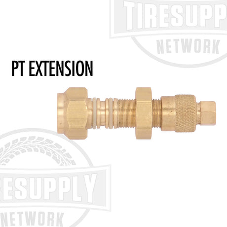 A brass PT extension valve stem, with text indicating the product is for PT Extension and the Tire Supply Network logo.