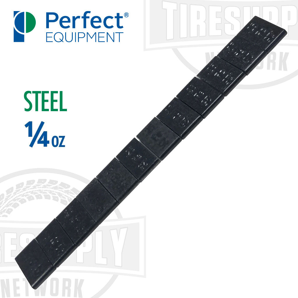 A black adhesive tape wheel weight from Perfect Equipment designed for balancing wheels, showing multiple segments. SN200576FEBLK