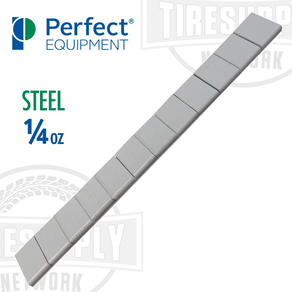 A strip of adhesive steel tape weights designed for wheel balancing, labeled as 1/4 oz by Perfect Equipment. SN200576FE
