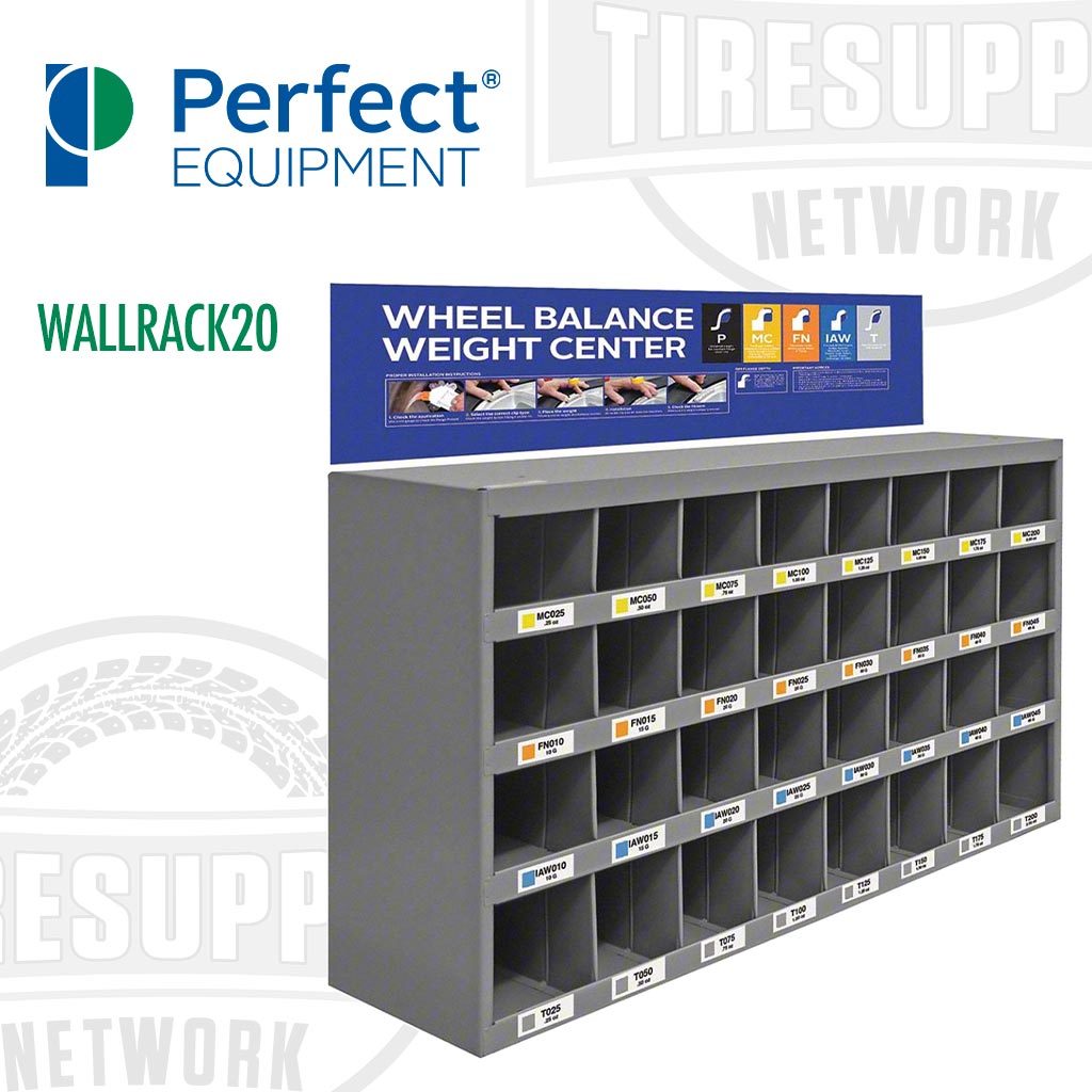 Perfect Equipment | Wheel Weight Rack: 4 Shelves - 19.25" x 34" x 8.5" HxLxW (WALLRACK20)
