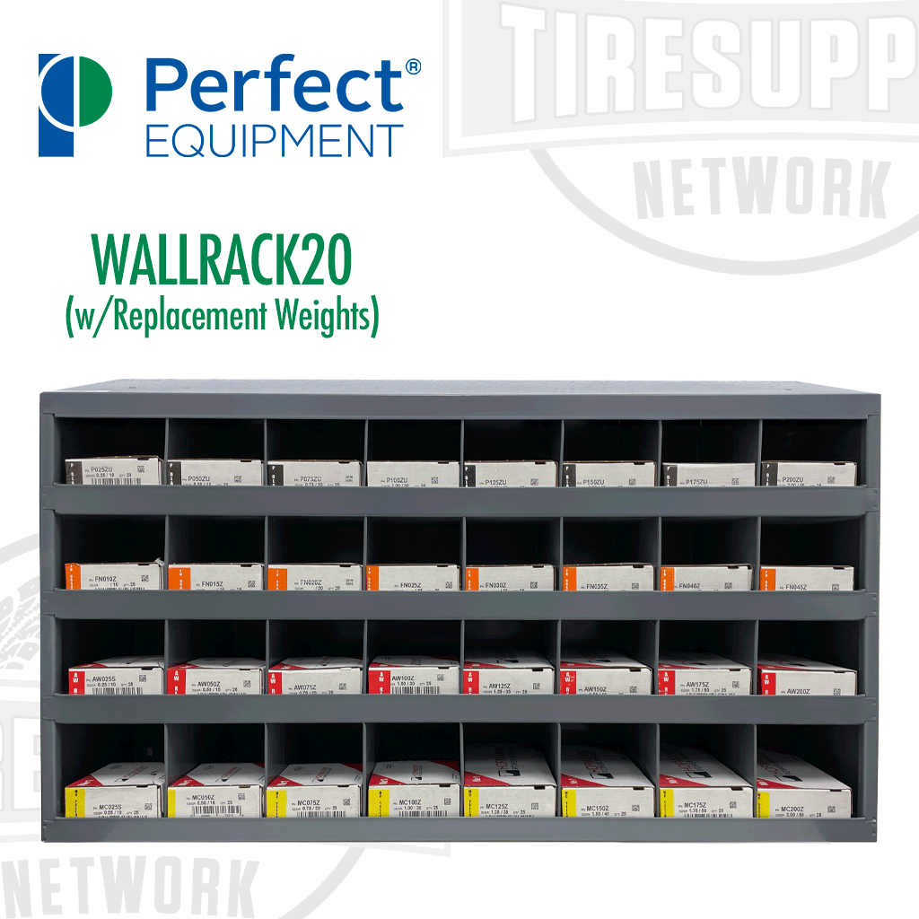 Perfect Equipment | Wheel Weight Rack: 4 Shelves - 19.25 x 34 x 8.5 HxLxW (WALLRACK20)