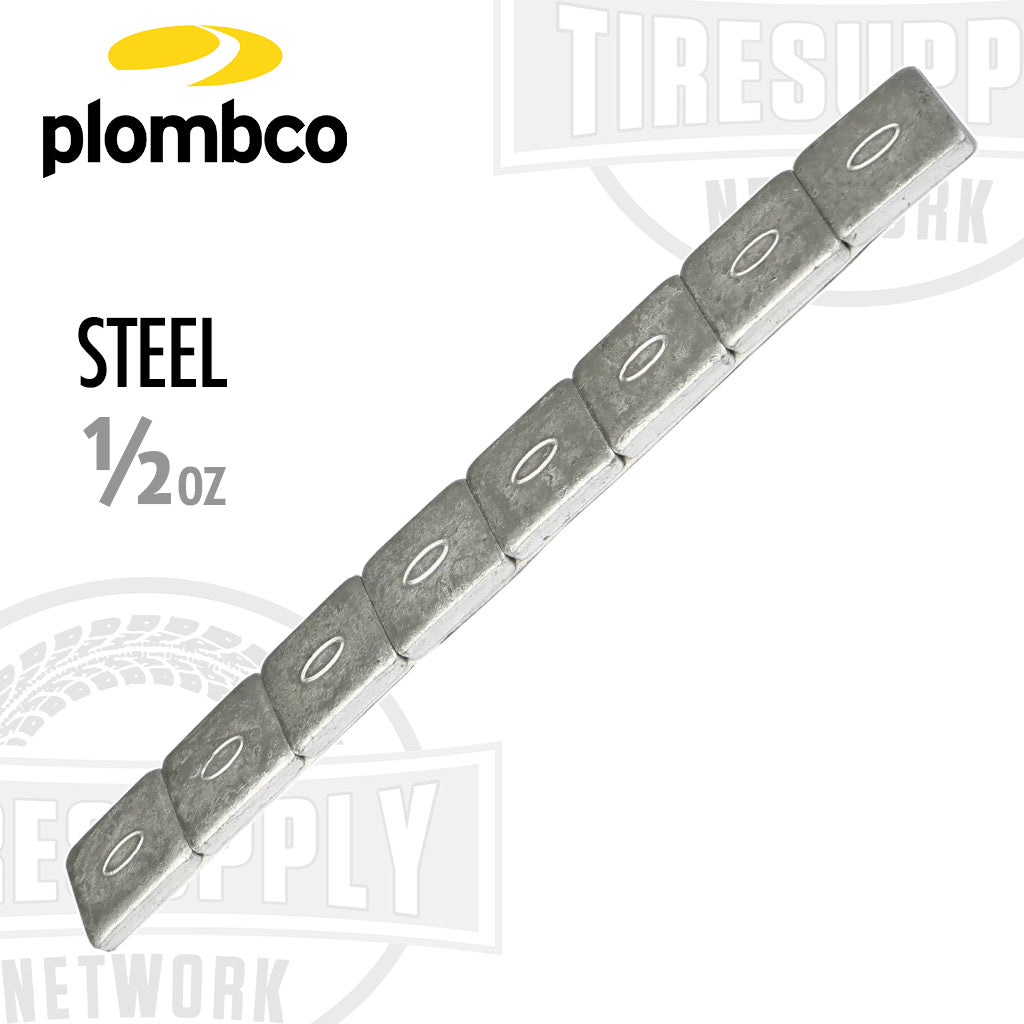 A strip of Plombco steel adhesive tape weights designed for wheel balancing, labeled as 1/2 oz.