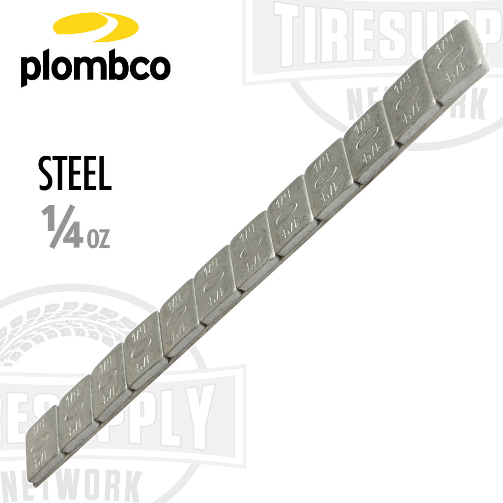 A strip of Plombco steel stick-on adhesive tape for wheel balancing, labeled with 'STEEL 1/4 oz' on each segment.