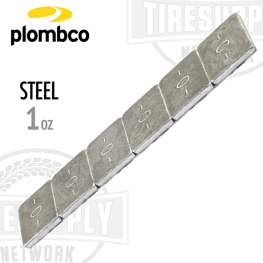 A strip of Plombco StickPro Steel 1 oz stick-on adhesive tape weights designed for wheel balancing, displayed against a white background.