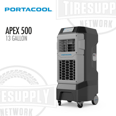 Portacool Apex 500 portable air conditioner on a white background with visible branding. Portacool | Apex 500 Small Spaces - 13 Gallons (PACA05001A1)