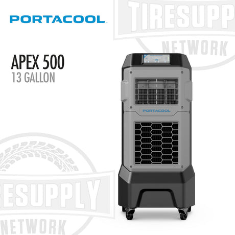 Portacool Apex 500 13 Gallon air cooler on a white background with logos. Portacool | Apex 500 Small Spaces - 13 Gallons (PACA05001A1)