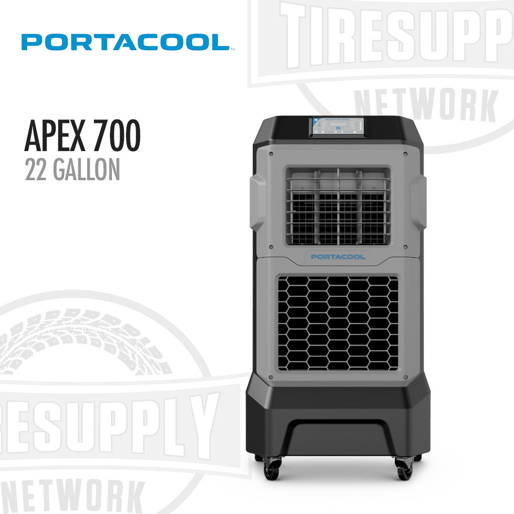 Portacool Apex 700 air cooler on a white background with logos. Portacool | Apex 700 Compact Cooling Powerhouse - 22 Gallons (PACA07001A1)