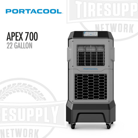 Portacool Apex 700 air cooler on a white background with logos. Portacool | Apex 700 Compact Cooling Powerhouse - 22 Gallons (PACA07001A1)