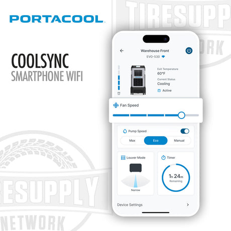 Smartphone displaying the Portacool Coolsync smartphone WiFi app on a white background. Portacool | Apex 700 Compact Cooling Powerhouse - 22 Gallons (PACA07001A1)