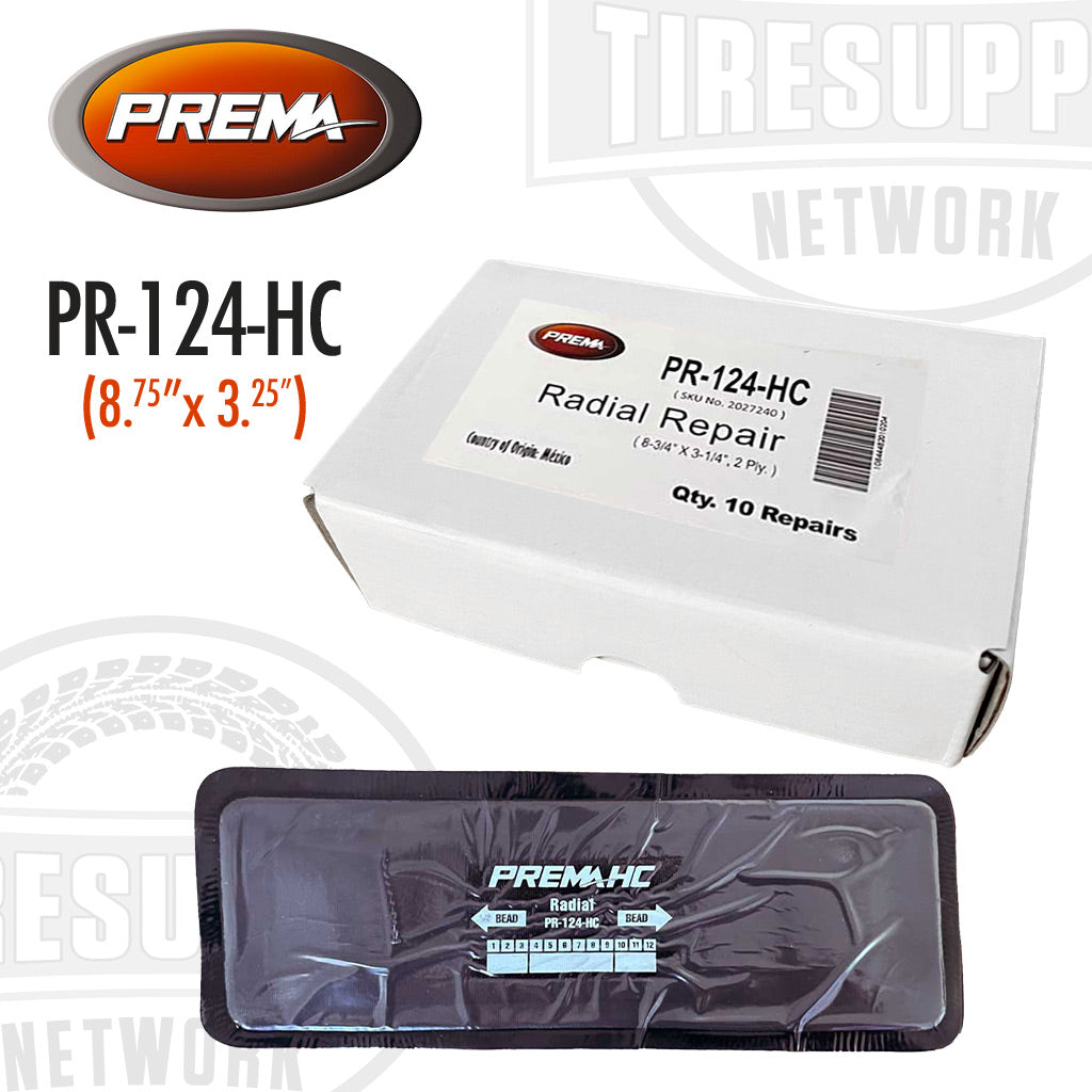 A photo of a Prema PR-124-HC Heat Cure Radial Tire Repair Patch box, with a white background displaying the product name and size information.