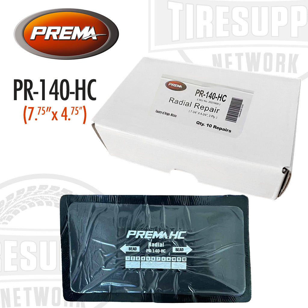 A box of Prema PR-140-HC Heat Cure Radial Tire Repair Patch Units alongside a close-up view of a single black patch with white branding text.