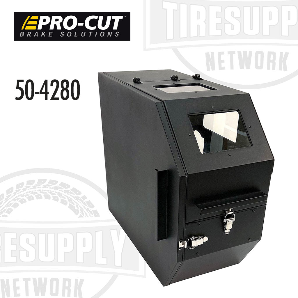 A black dust enclosure containment system for a Pro-Cut B17 Mobile Combination Lathe with visible side and top doors, a vacuum port, and a large chip tray.