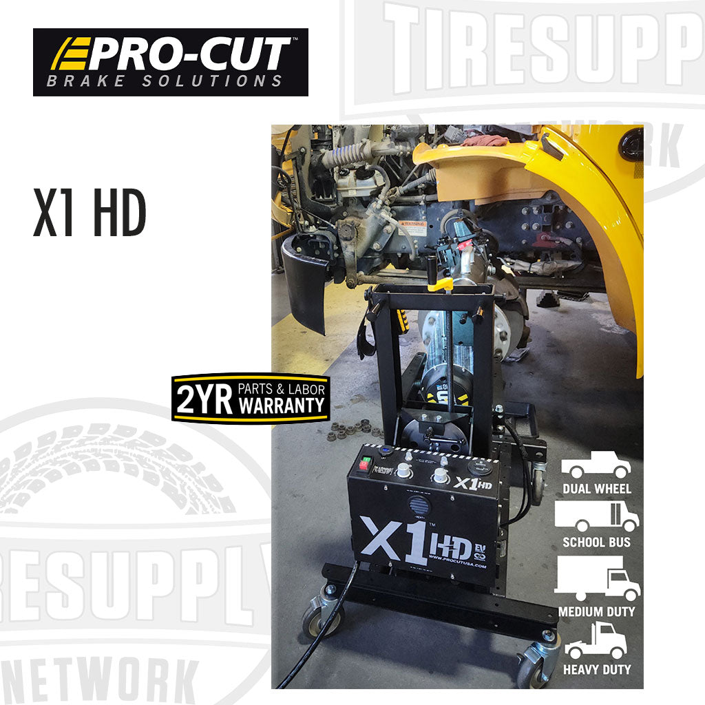 Pro-Cut brake solution machine with X1 HD branding and warranty information.