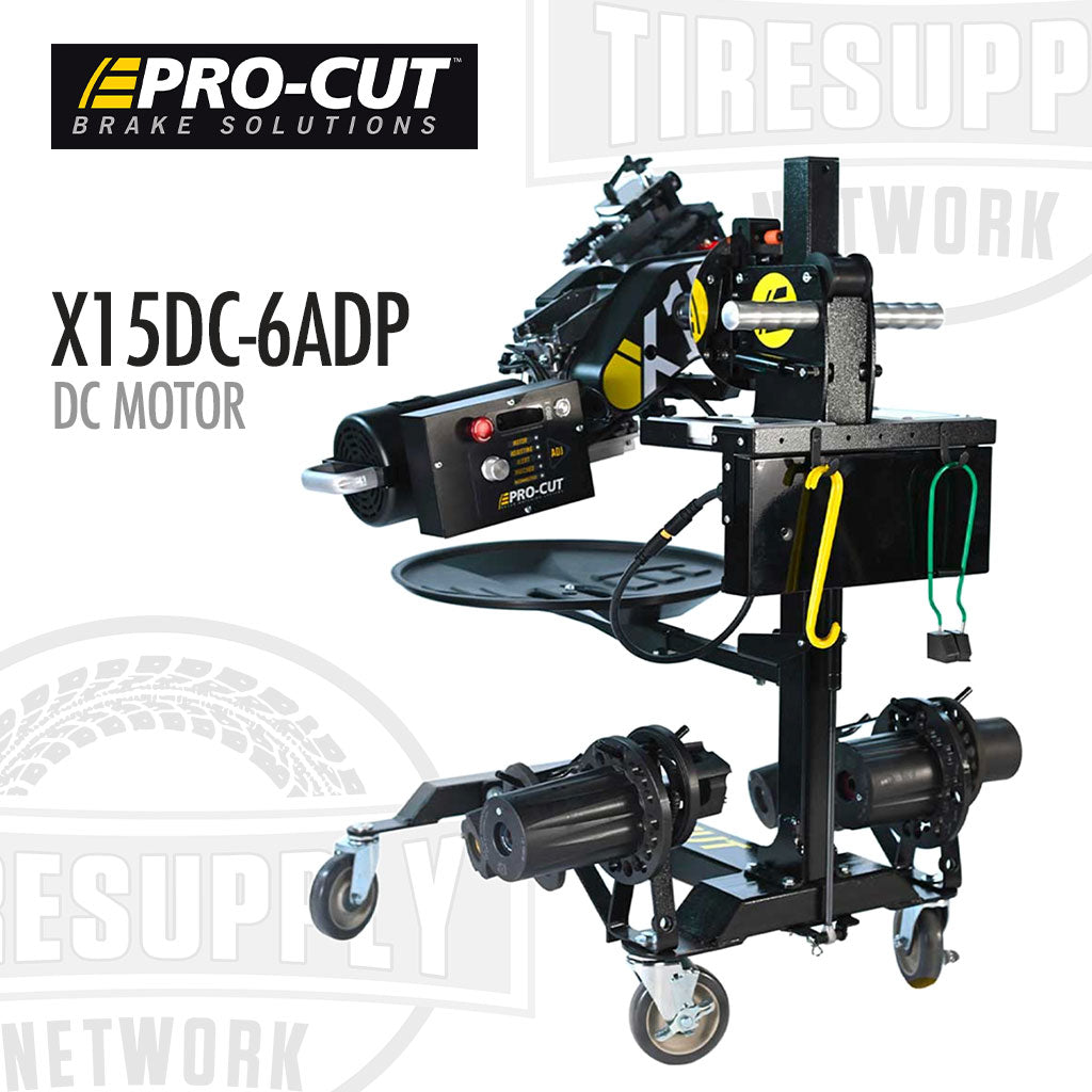 Pro-Cut X15-DC-6ADP brake lathe with a trolley, featuring a black and yellow color scheme, equipped with multiple adapters and worklights.