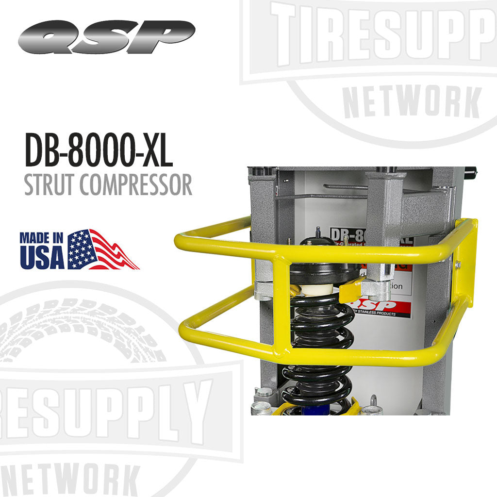 QSP DB-8000-XL strut compressor with yellow safety cage on a white background. QSP | Strut Compressor with Stand - Air Operated (DB-8000-XL)