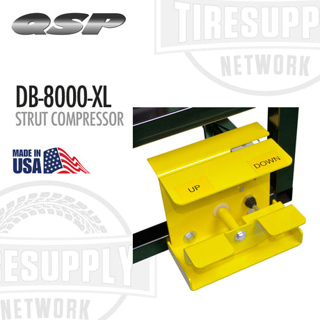 Yellow strut compressor with QSP and TIRE SUPPLY NETWORK branding on a white background. QSP | Strut Compressor with Stand - Air Operated (DB-8000-XL)