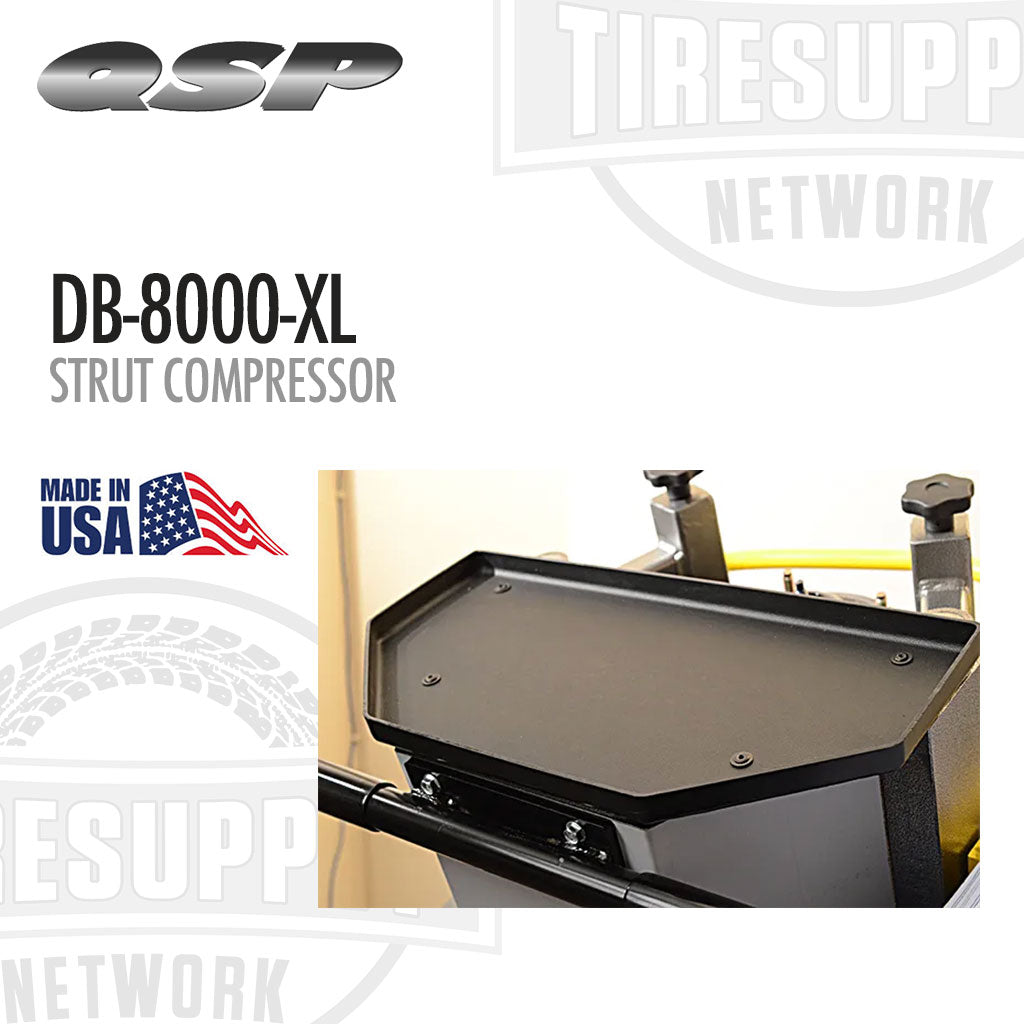 Strut compressor with QSP and TIRE SUPPLY NETWORK branding on a white background. QSP | Strut Compressor with Stand - Air Operated (DB-8000-XL)