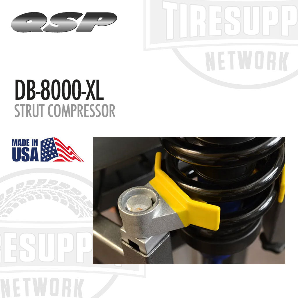 QSP DB-8000-XL strut compressor with close-up of spring and yellow tool on a white background. QSP | Strut Compressor with Stand - Air Operated (DB-8000-XL)