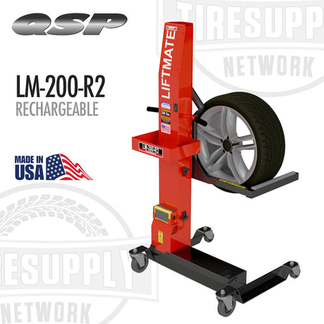 Red tire changer with a wheel on a white background, featuring QSP branding. QSP | LiftMate Wheel Lift Rechargeable Battery Operated - 200 lbs Capacity (LM-200-R2)