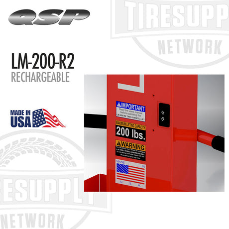 Red hydraulic jack with QSP and TIRE SUPPLY Network branding on a white background. QSP | LiftMate Wheel Lift Rechargeable Battery Operated - 200 lbs Capacity (LM-200-R2)