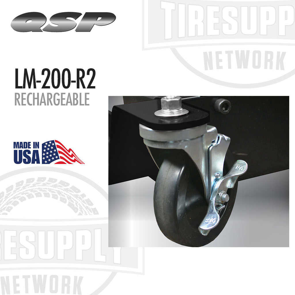 Rechargeable caster wheel with QSP and TIRE SUPPLY NETWORK branding on a white background. QSP | LiftMate Wheel Lift Rechargeable Battery Operated - 200 lbs Capacity (LM-200-R2)