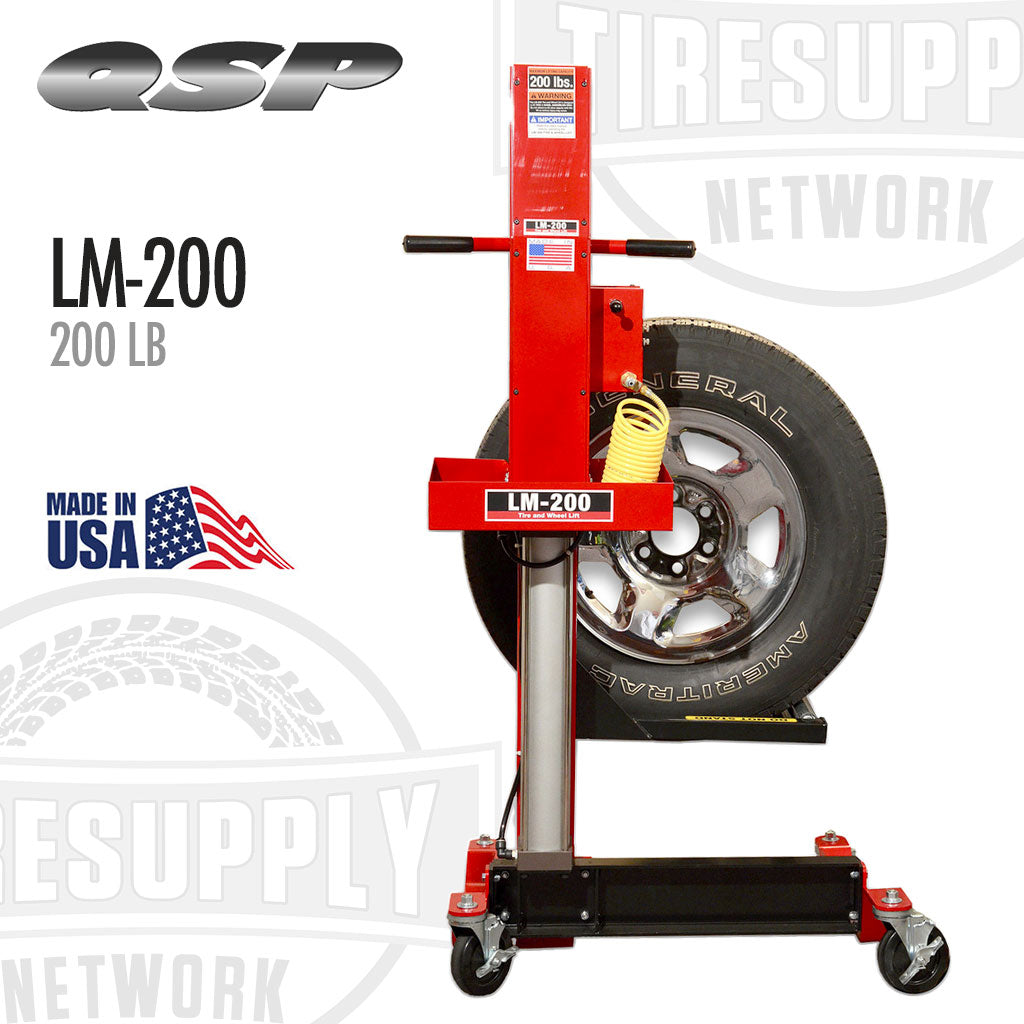 Red tire changer with a tire on it, branded with QSP and Tire Supply Network. QSP | Wheel Lift - Air Operated - 200lb Capacity (LM-200)